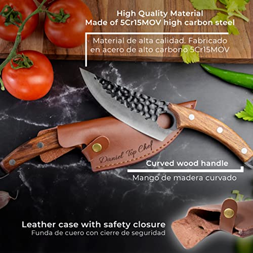 Couteau de cuisine de style japonais forgé à la main avec un aiguiseur et un étui de protection en cuir, boîte cadeau. Option personnalisée (couteau+housse personnalisé+aiguiseur)