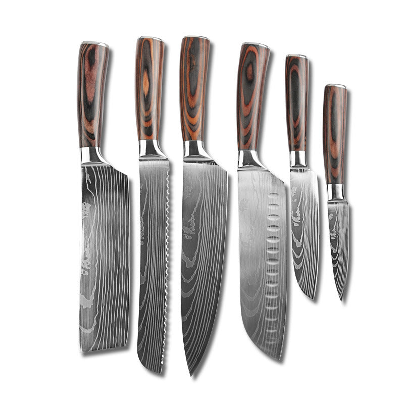 Chef knife set, 1-10 pieces, laser grinding pattern handle, Japanese style three blade sharp blade, the most useful cutting tool