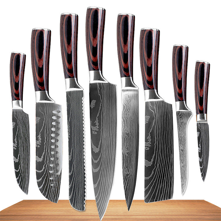 Chef knife set, 1-10 pieces, laser grinding pattern handle, Japanese style three blade sharp blade, the most useful cutting tool